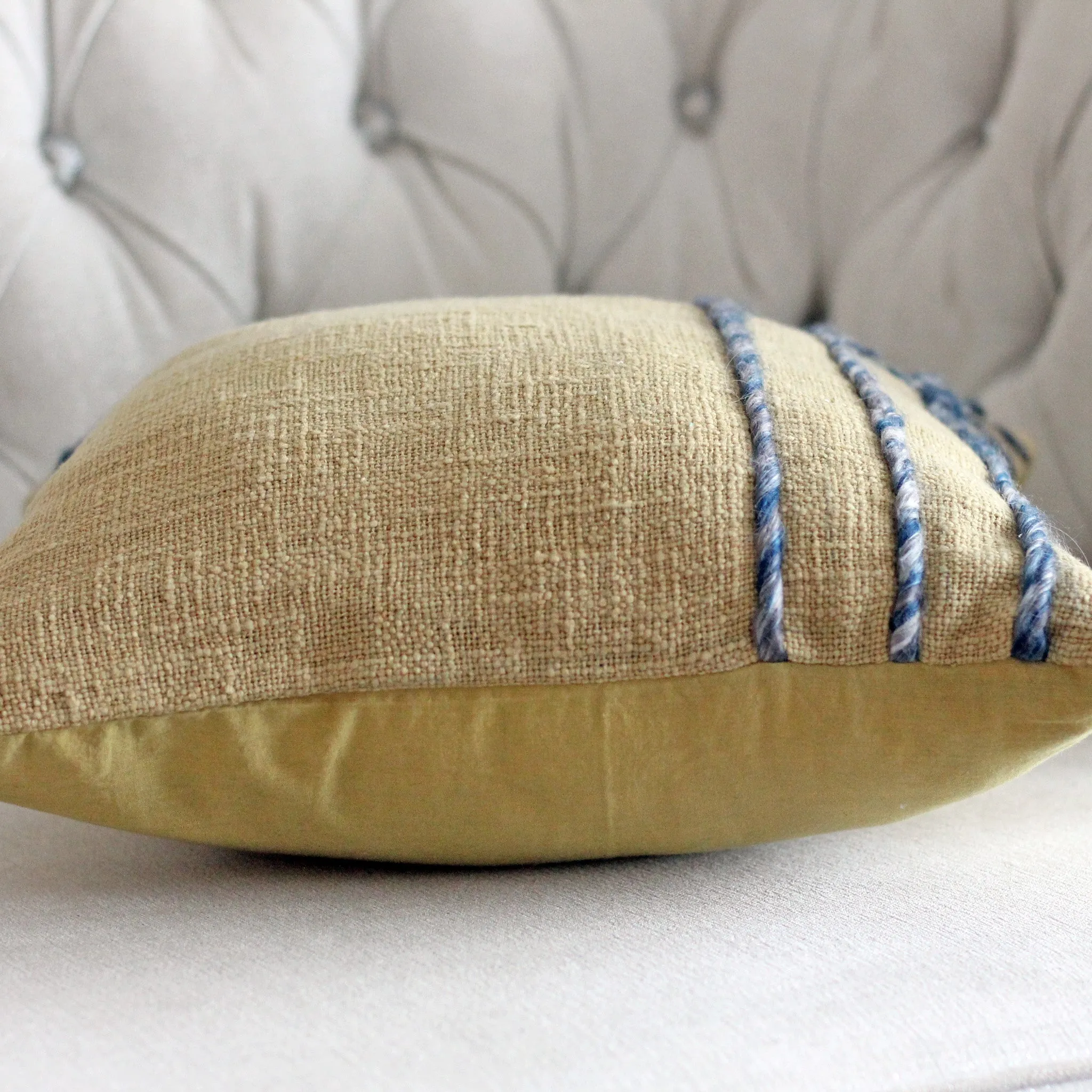 100% Jute Cotton Throw Pillow Cover - Twill Greyish Braids | Decorative Mustard Cushion, 16x16"