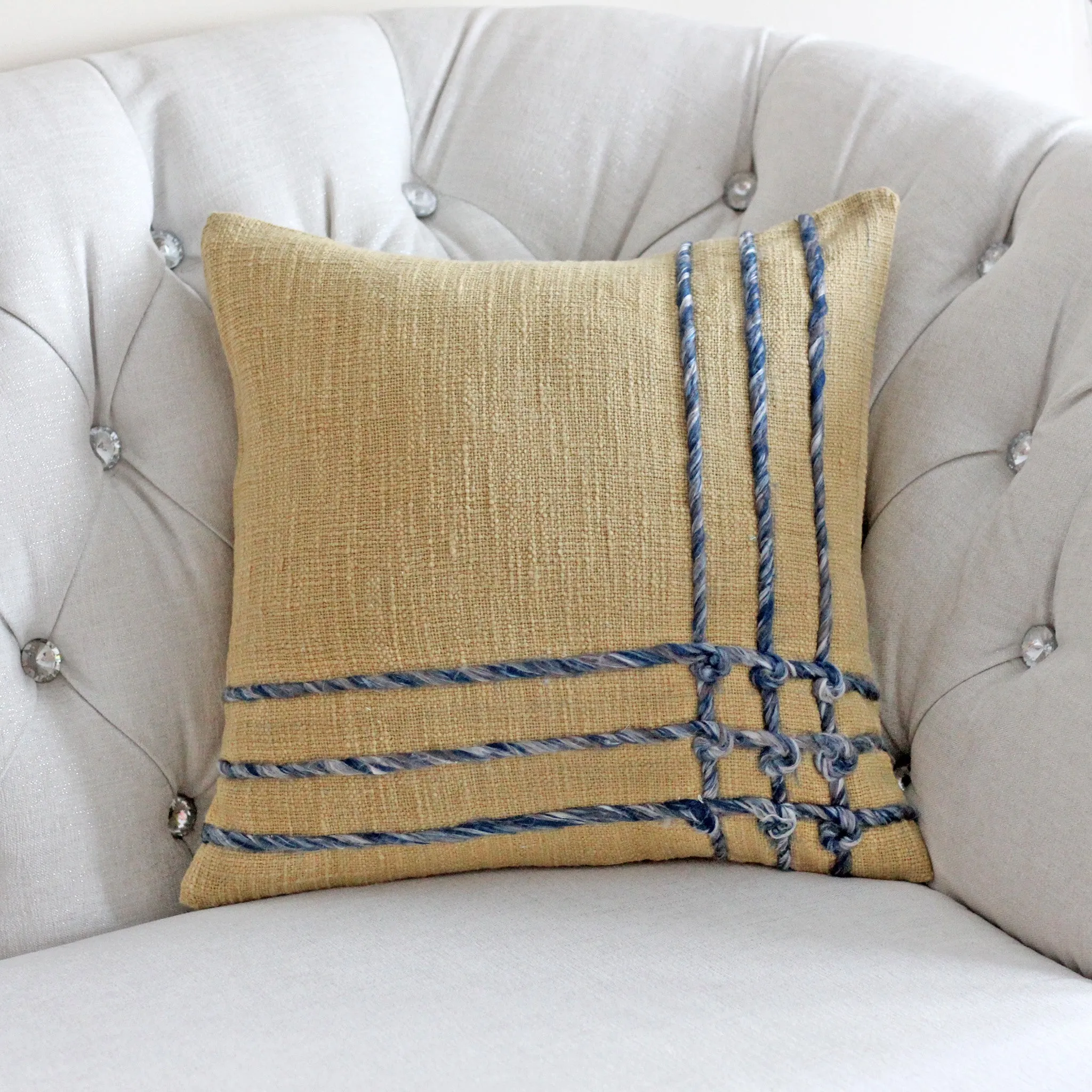 100% Jute Cotton Throw Pillow Cover - Twill Greyish Braids | Decorative Mustard Cushion, 16x16"