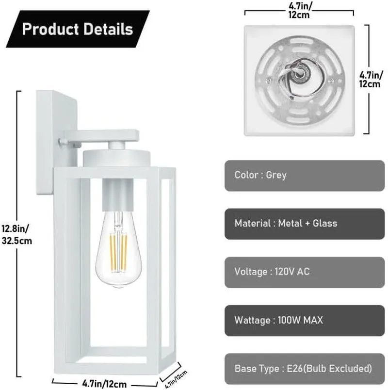 2-Pack Outdoor Wall Light Fixtures, Exterior Waterproof Wall Lanterns, Porch Sconces Wall Mounted Lighting with E26 Sockets & Glass Shades, Modern Wall Lamps for Front Door, Grey