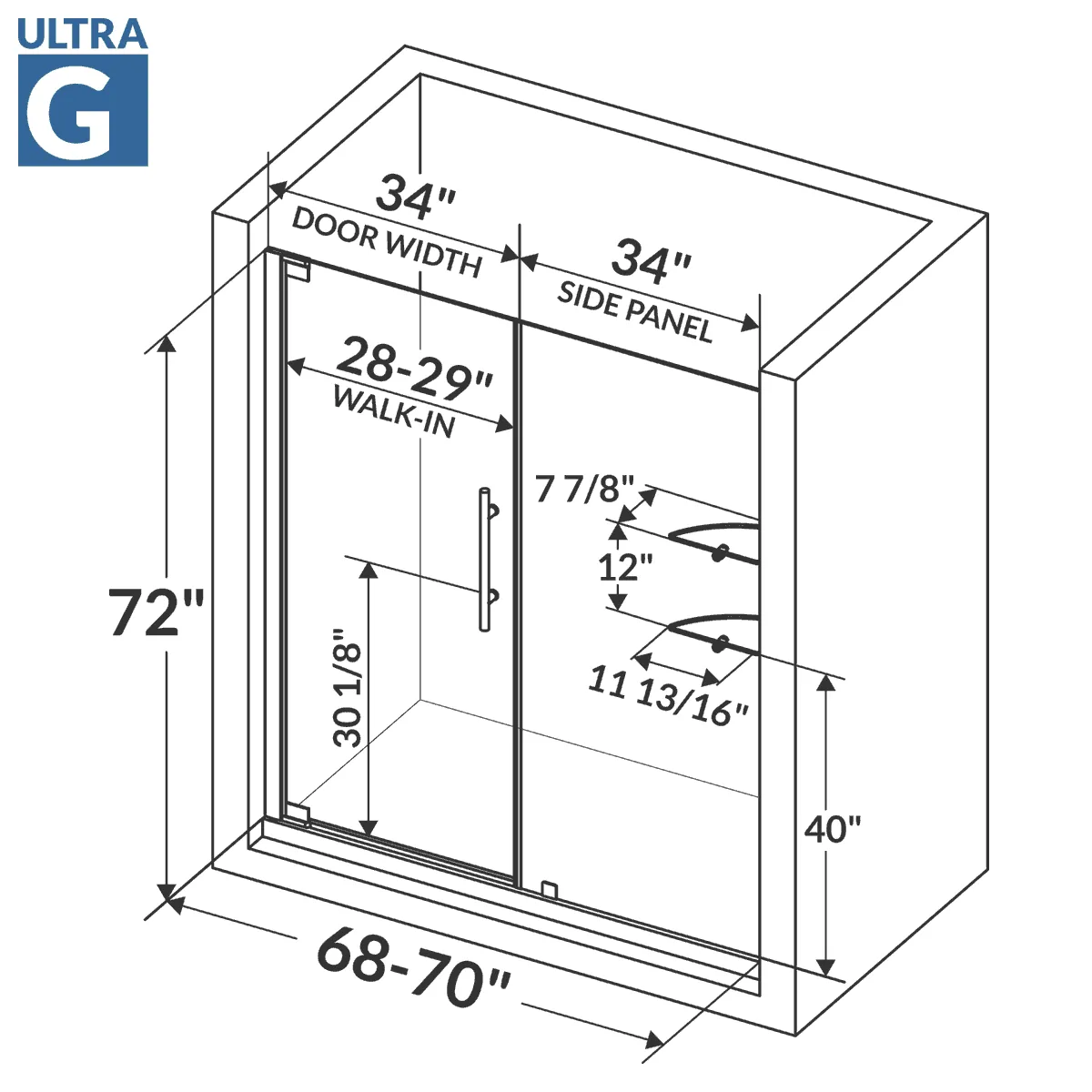 68-70 W x 72 H  Swing-Out Shower Door ULTRA-G Brushed Nickel