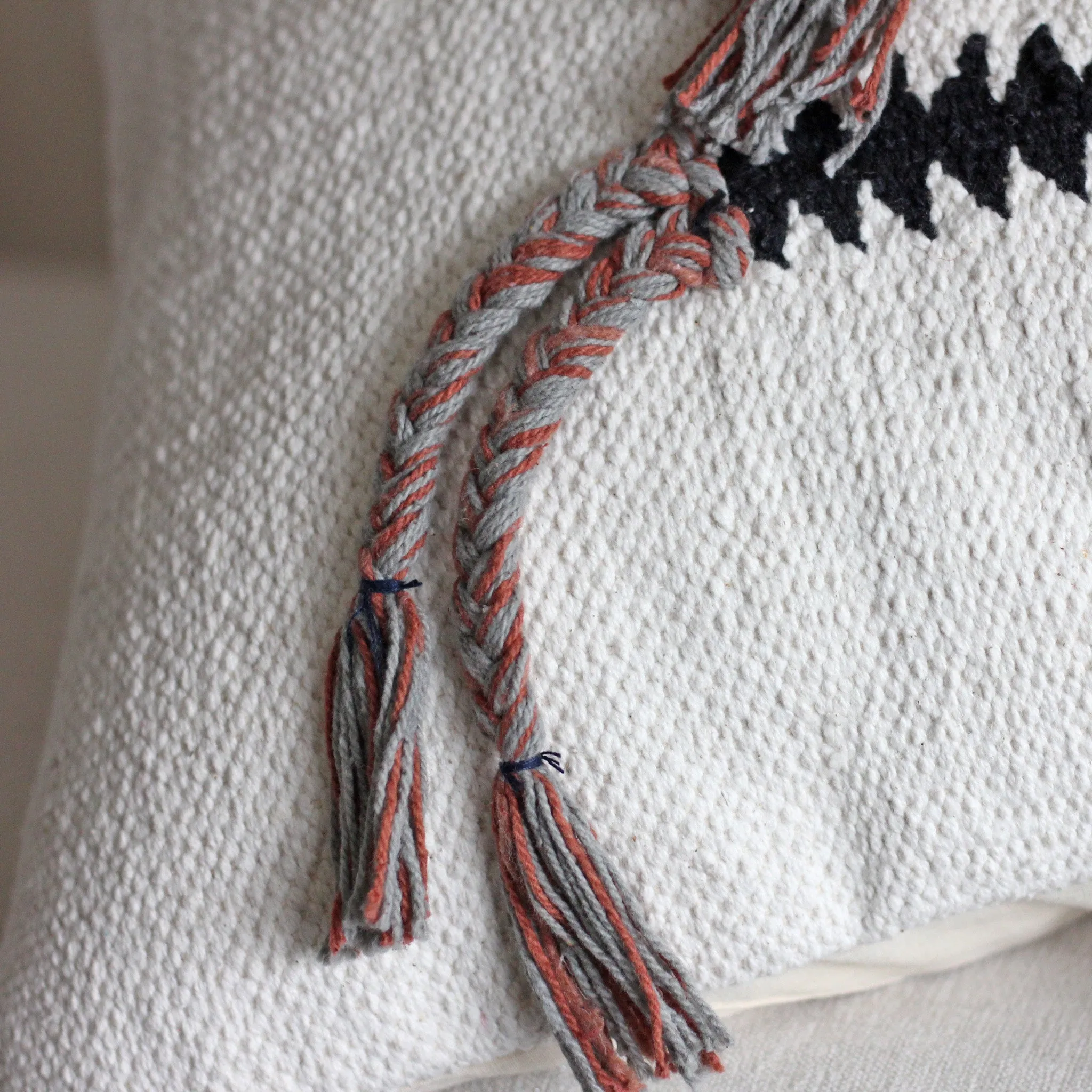 Boho Pillow Cover with Playful Long Tassels - Handwoven 100% Cotton Cushion | Cream, 18x18"