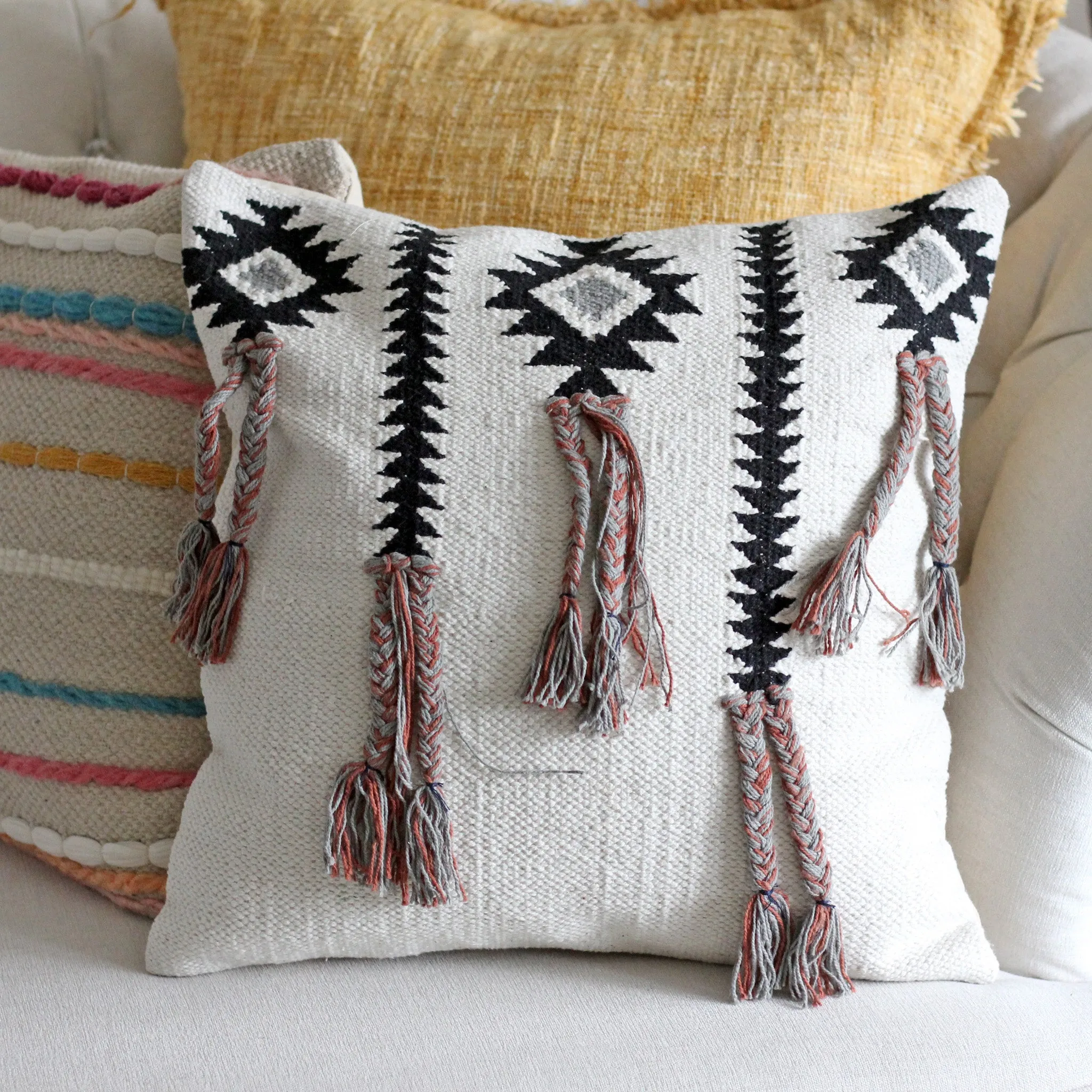 Boho Pillow Cover with Playful Long Tassels - Handwoven 100% Cotton Cushion | Cream, 18x18"