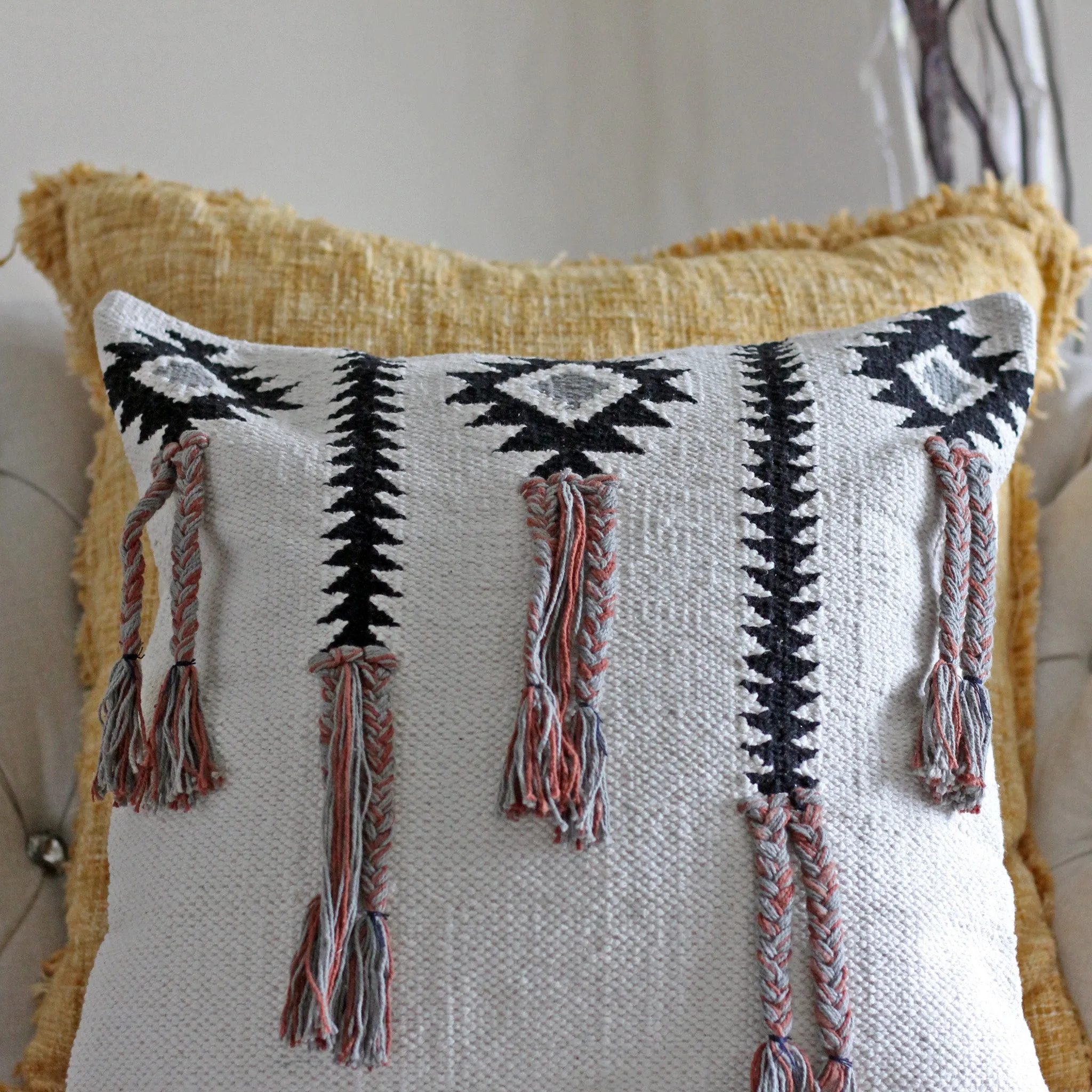 Boho Pillow Cover with Playful Long Tassels - Handwoven 100% Cotton Cushion | Cream, 18x18"