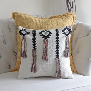 Boho Pillow Cover with Playful Long Tassels - Handwoven 100% Cotton Cushion | Cream, 18x18"