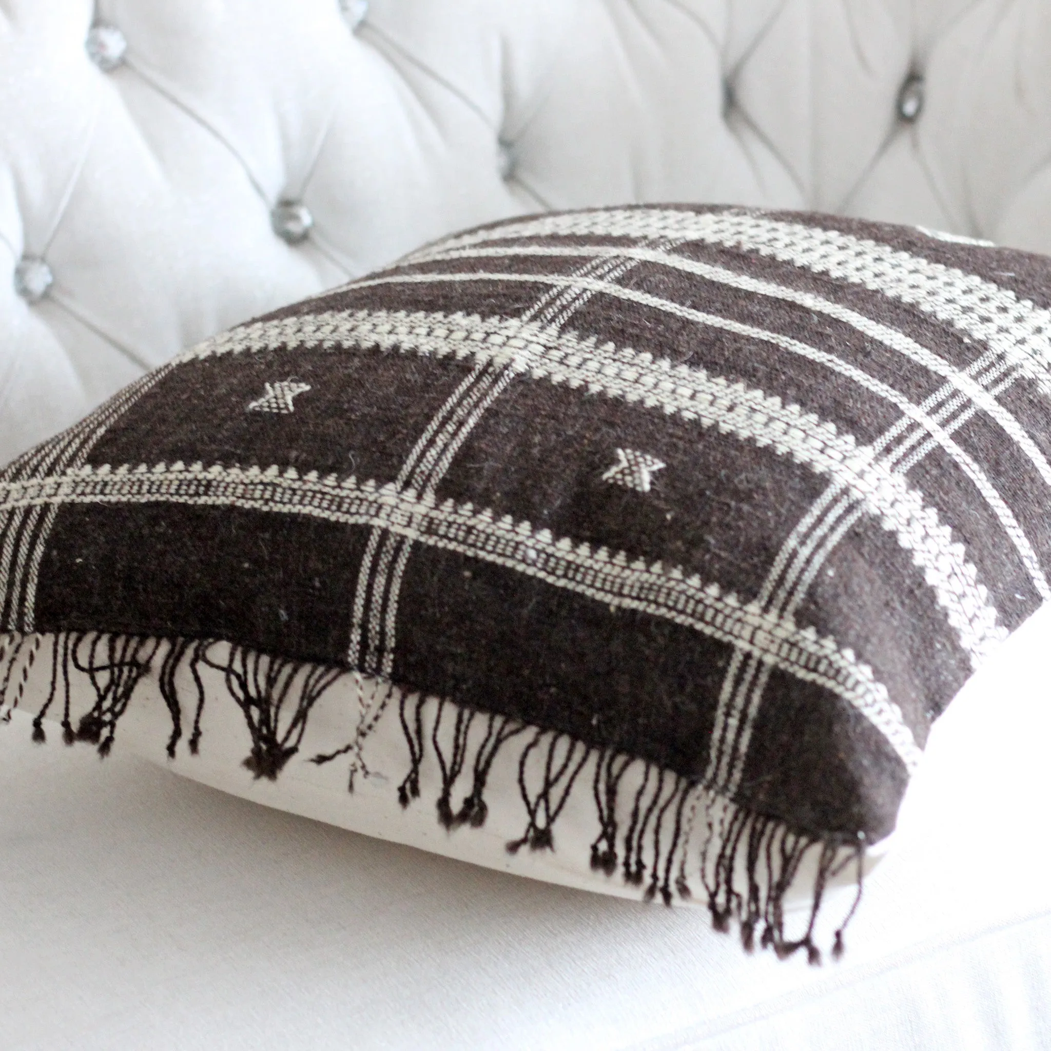 Handmade Bhujodi Throw Pillow Cover - Rustic Wool & Cotton Cushion | Brown, 22x22"