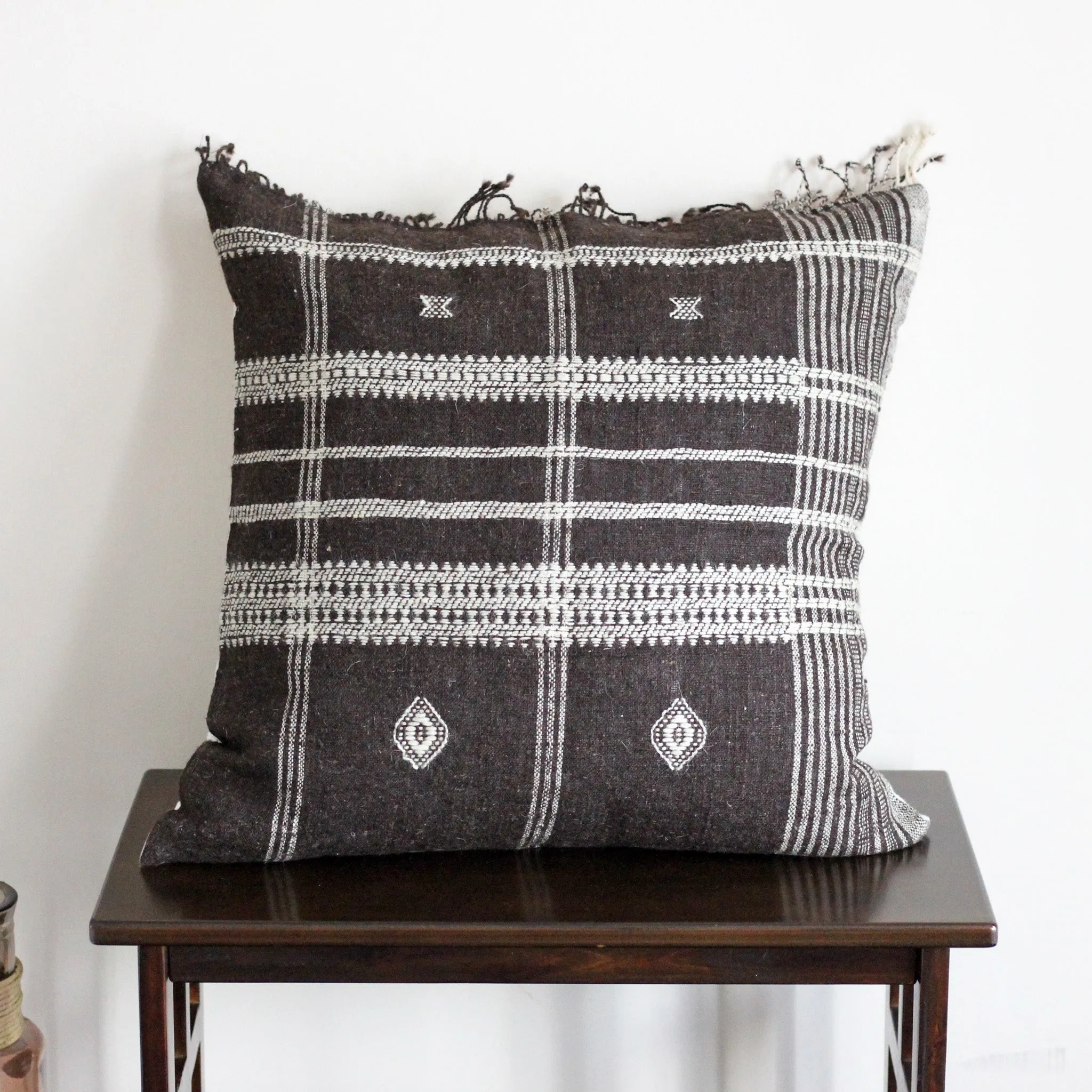 Handmade Bhujodi Throw Pillow Cover - Rustic Wool & Cotton Cushion | Brown, 22x22"