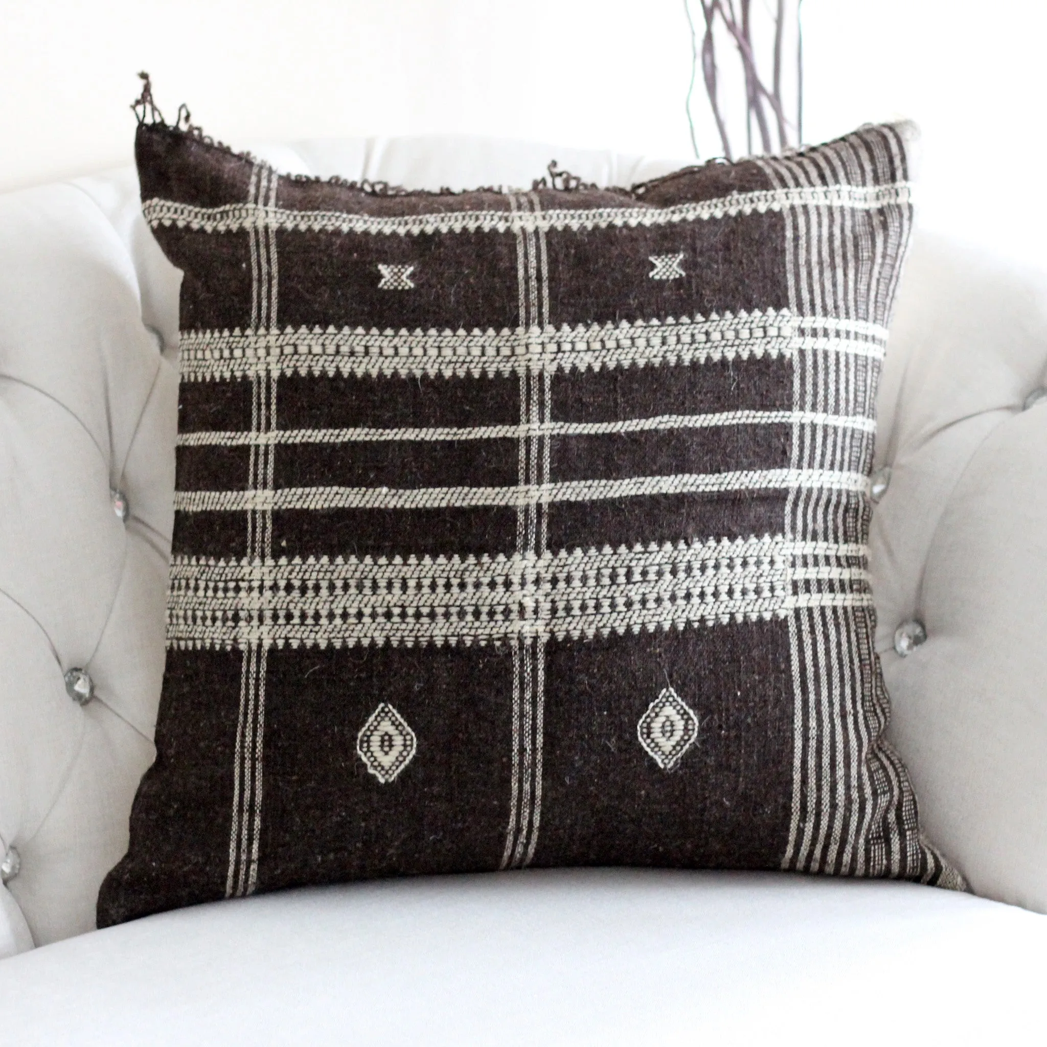 Handmade Bhujodi Throw Pillow Cover - Rustic Wool & Cotton Cushion | Brown, 22x22"