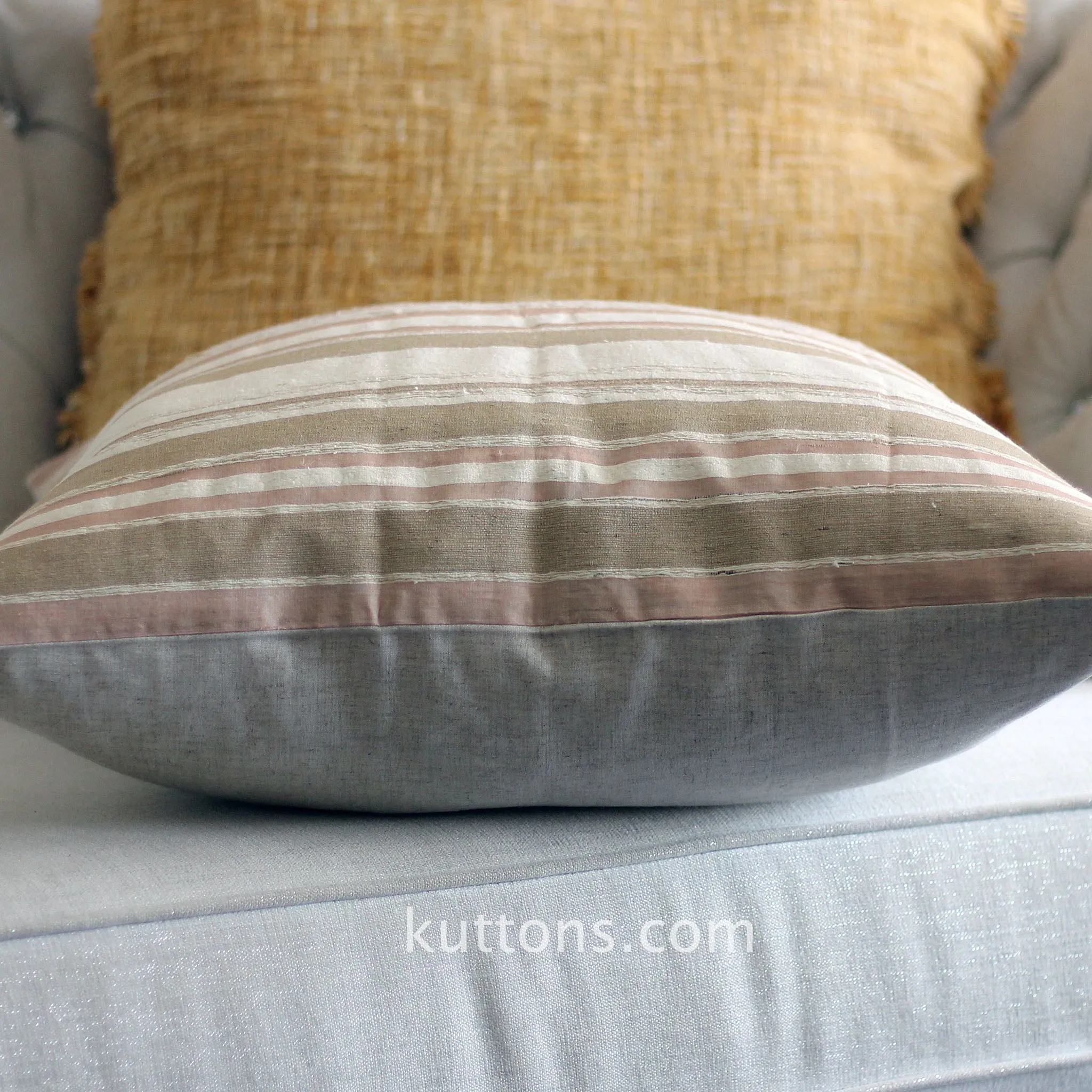 Handwoven Silk Textured Stripe Pillow Cushion Cover - Coconut Shell Button | Cream-Golden Brown, 21x21"