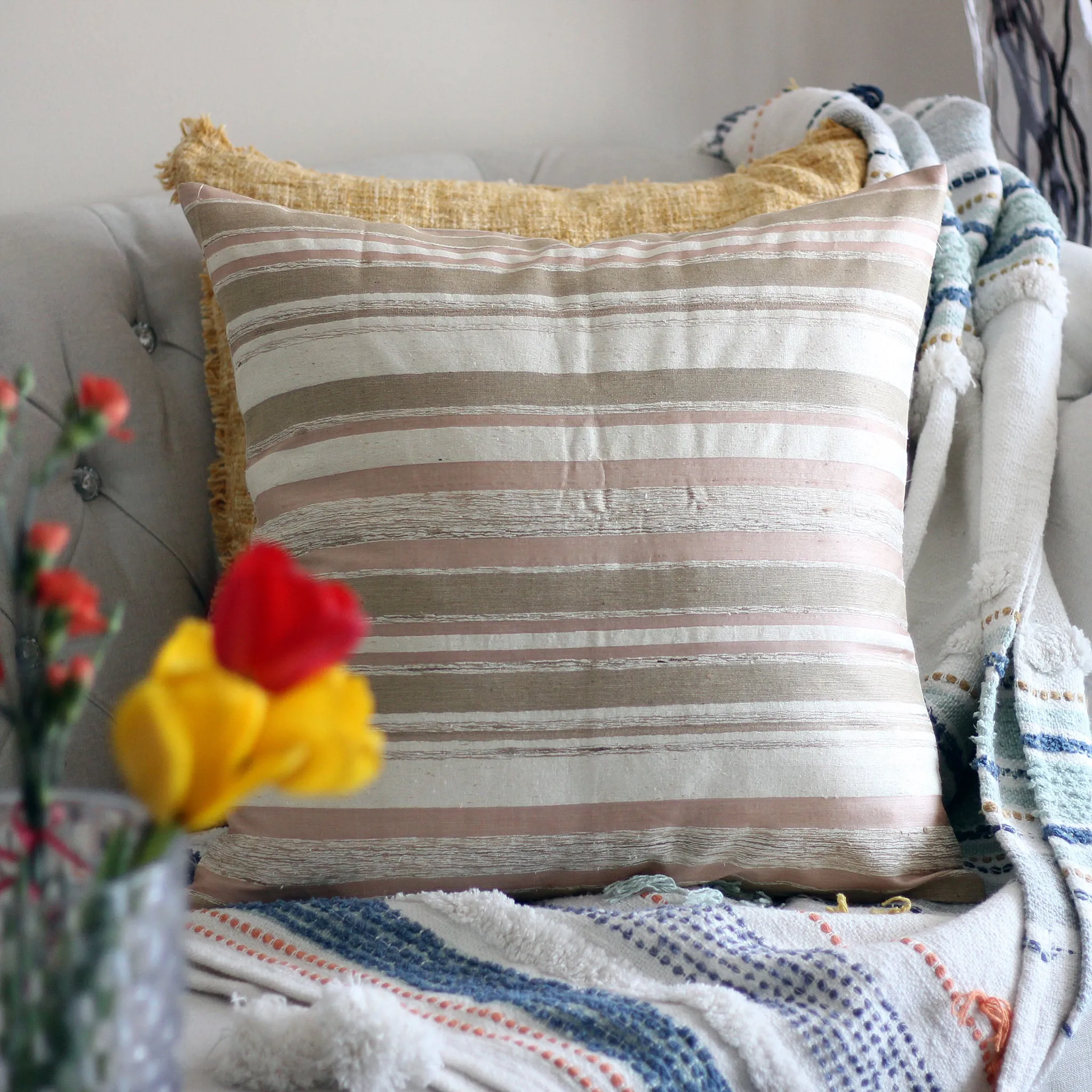 Handwoven Silk Textured Stripe Pillow Cushion Cover - Coconut Shell Button | Cream-Golden Brown, 21x21"