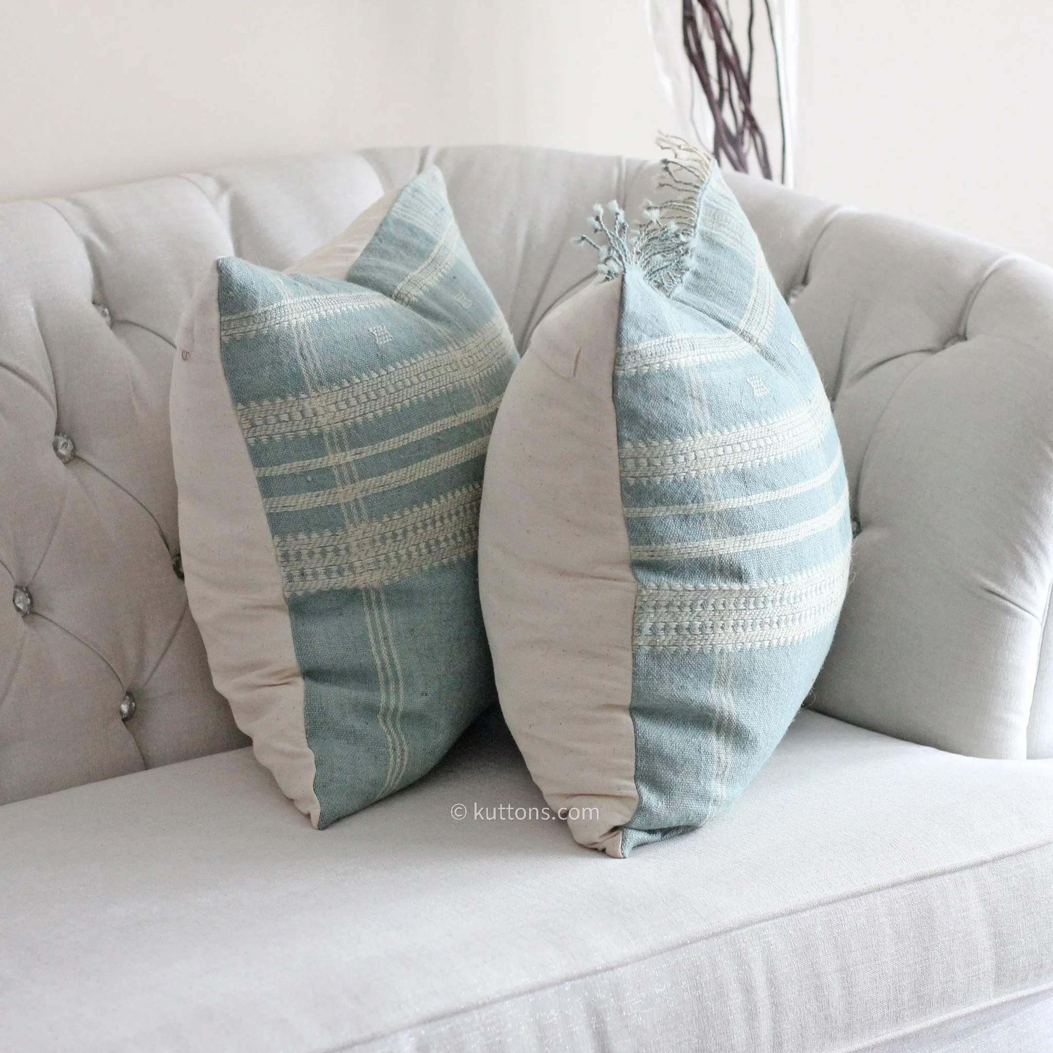 Handwoven Wool Cushion Cover Set - Bhujodi Vintage Pillows | Aqua Green, (Set of 2), 20x20"