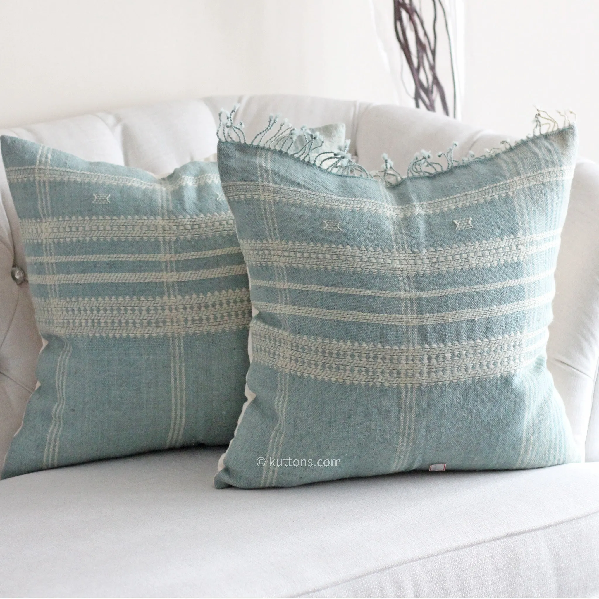 Handwoven Wool Cushion Cover Set - Bhujodi Vintage Pillows | Aqua Green, (Set of 2), 20x20"