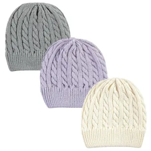 Hudson Baby Knit Cuffed Beanie 3pk, Lilac Cream