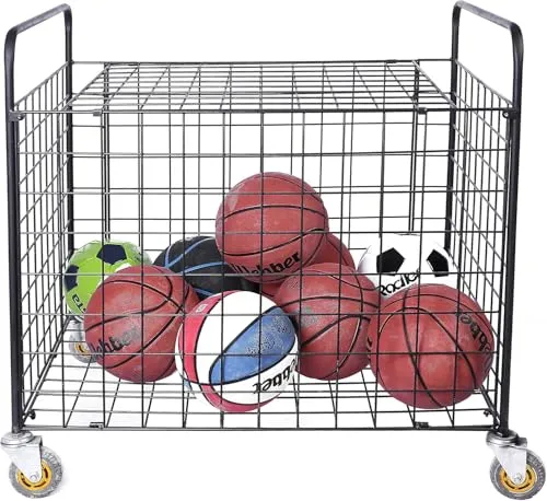 INDIDECOR 50604 Professional Gym Metal Multi Sports Ball Storage Cart with Jumbo Industrial Wheels, Commercial Grade Portable Equipment Locker Cage for Basketball, Football, Soccer, Volleyball - Black