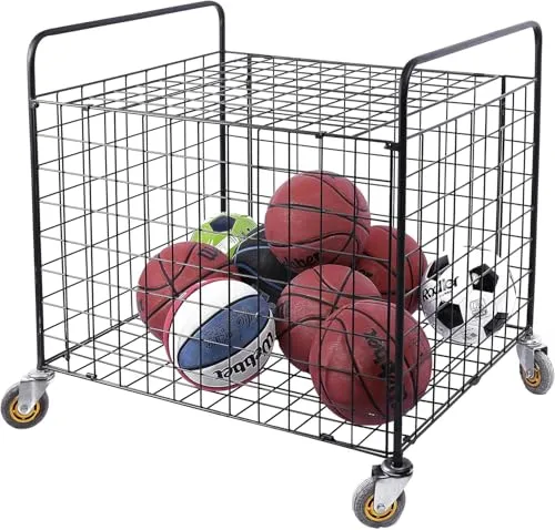 INDIDECOR 50604 Professional Gym Metal Multi Sports Ball Storage Cart with Jumbo Industrial Wheels, Commercial Grade Portable Equipment Locker Cage for Basketball, Football, Soccer, Volleyball - Black