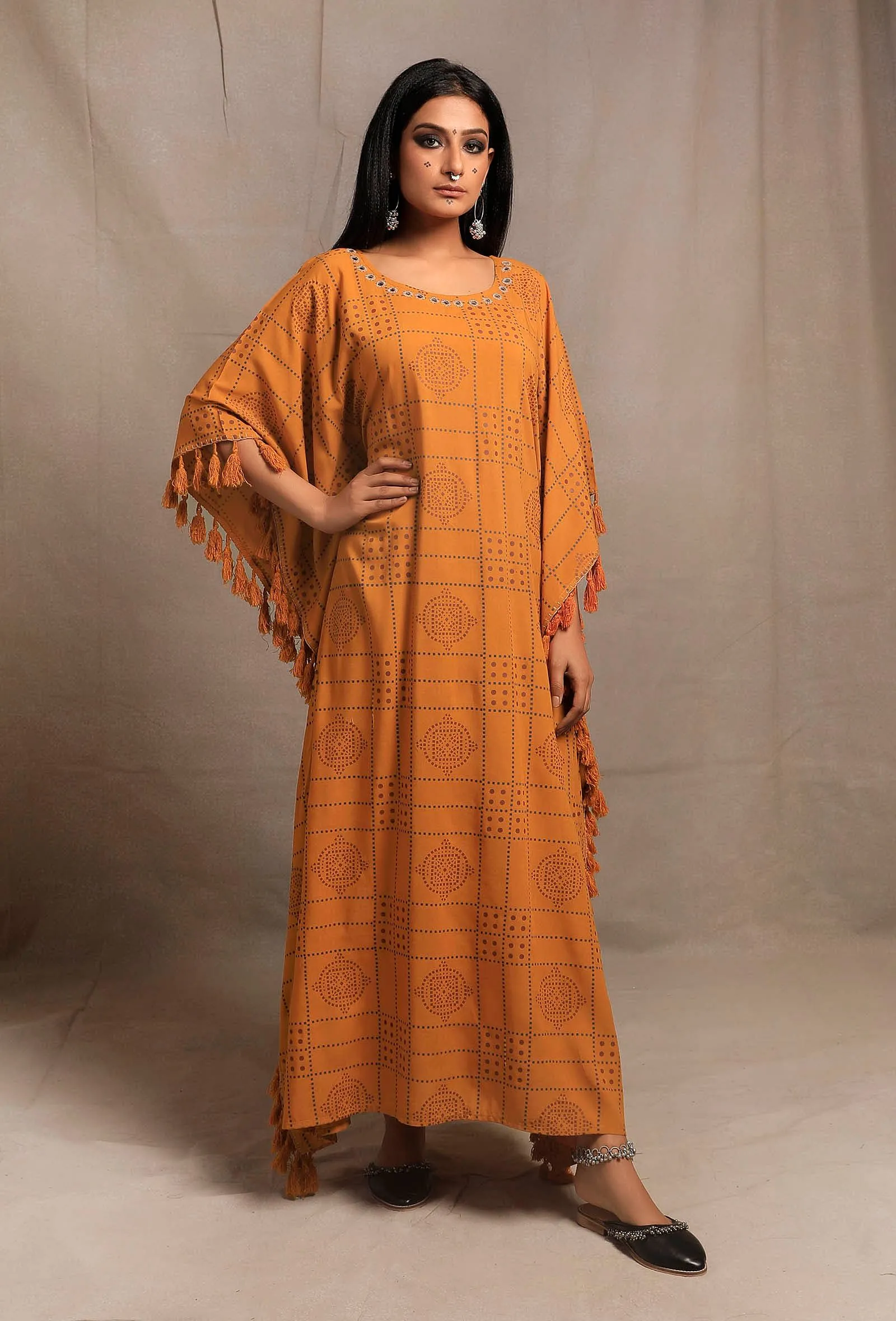 Mustard Yellow Hand Block Printed Kaftan dress