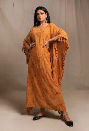 Mustard Yellow Hand Block Printed Kaftan dress