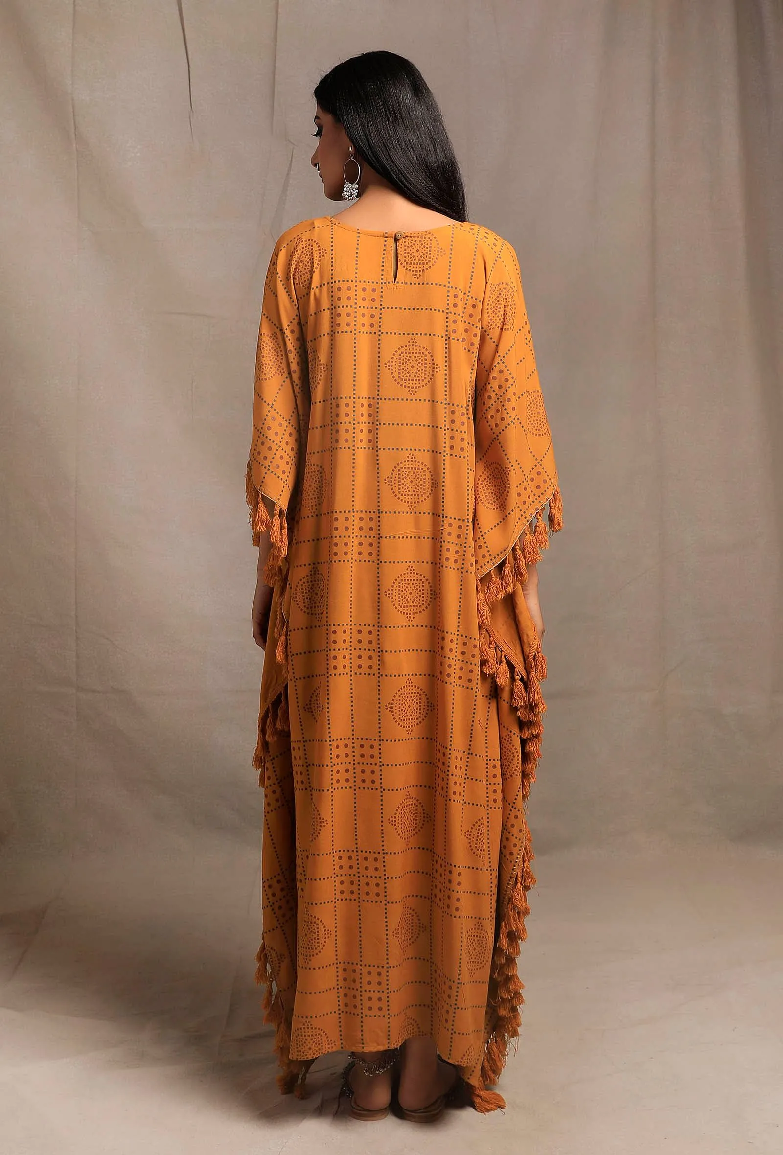 Mustard Yellow Hand Block Printed Kaftan dress