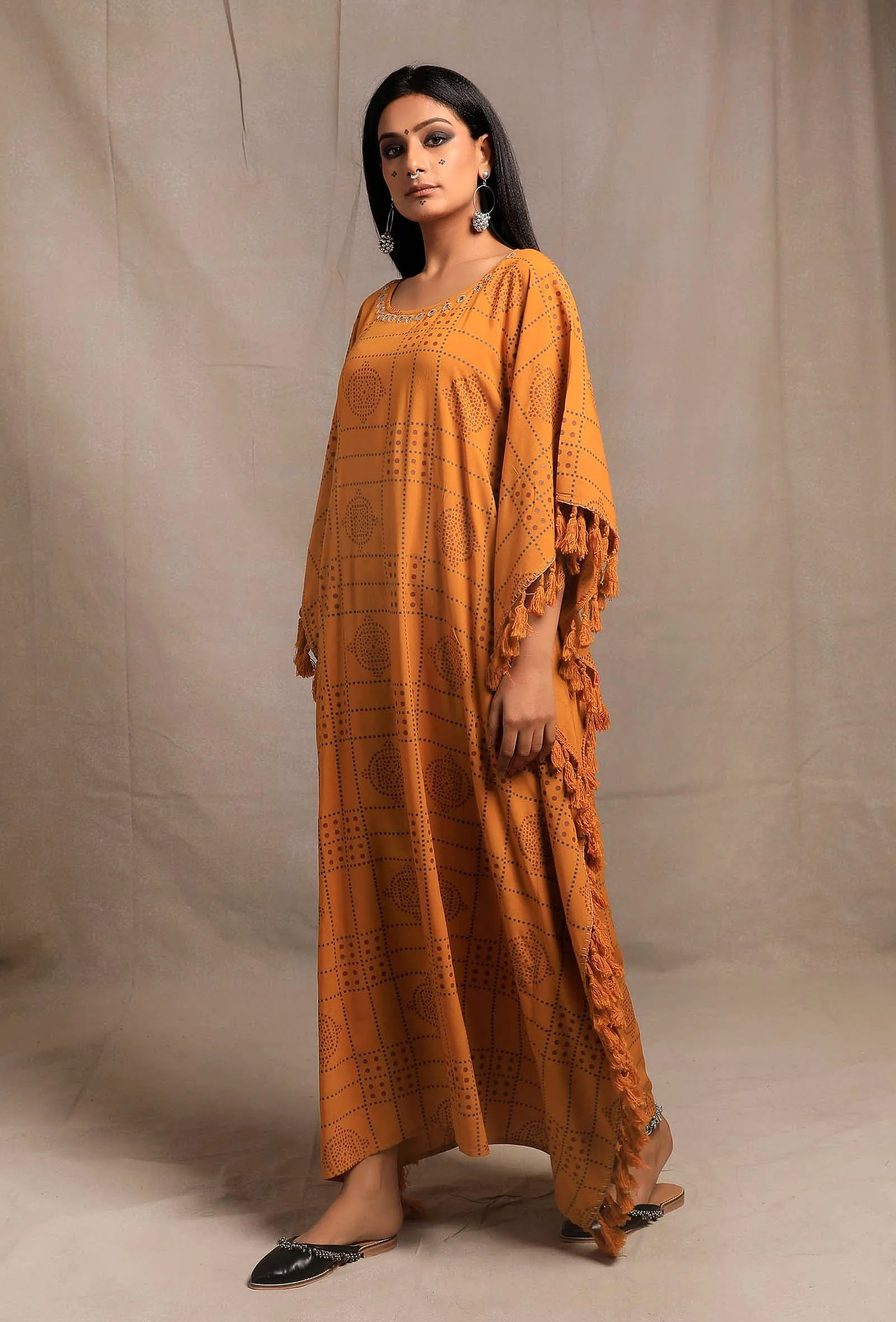 Mustard Yellow Hand Block Printed Kaftan dress