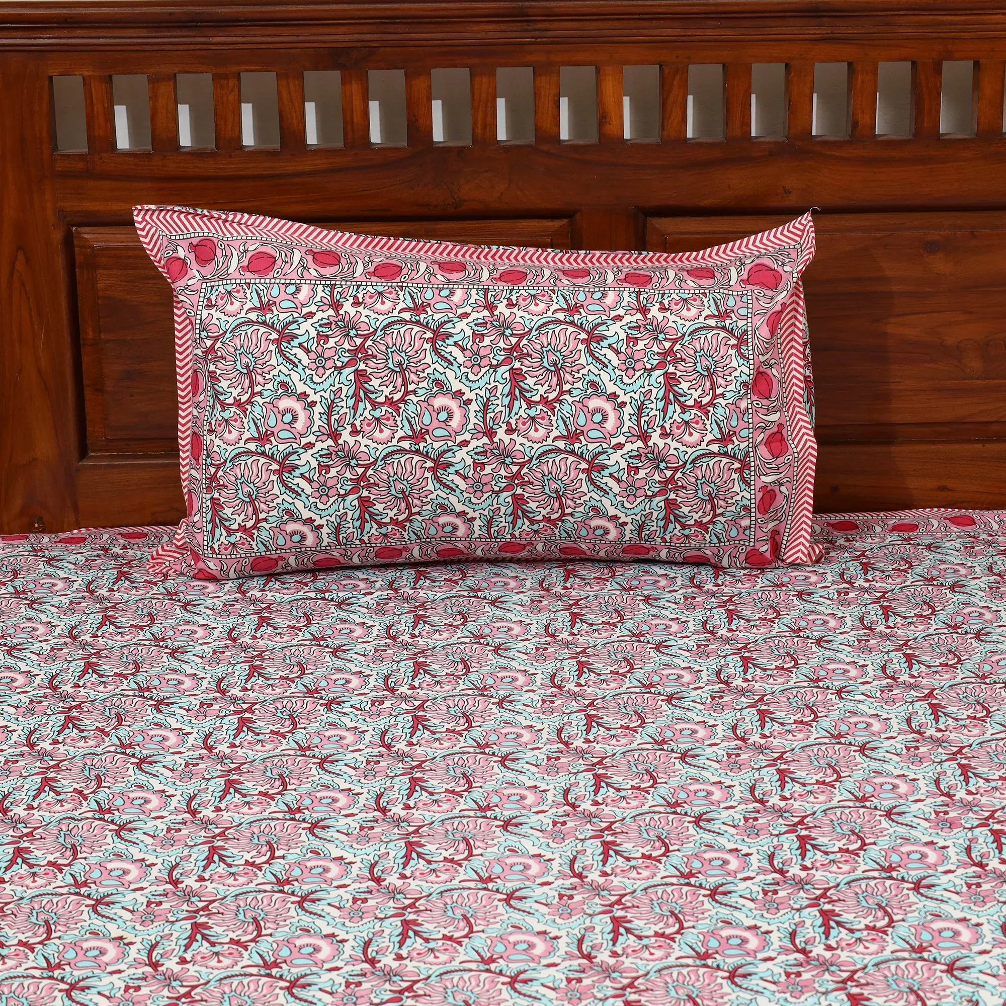 Pink - Pure Cotton Sanganeri Print Single Bed Cover with Pillow Cover 36