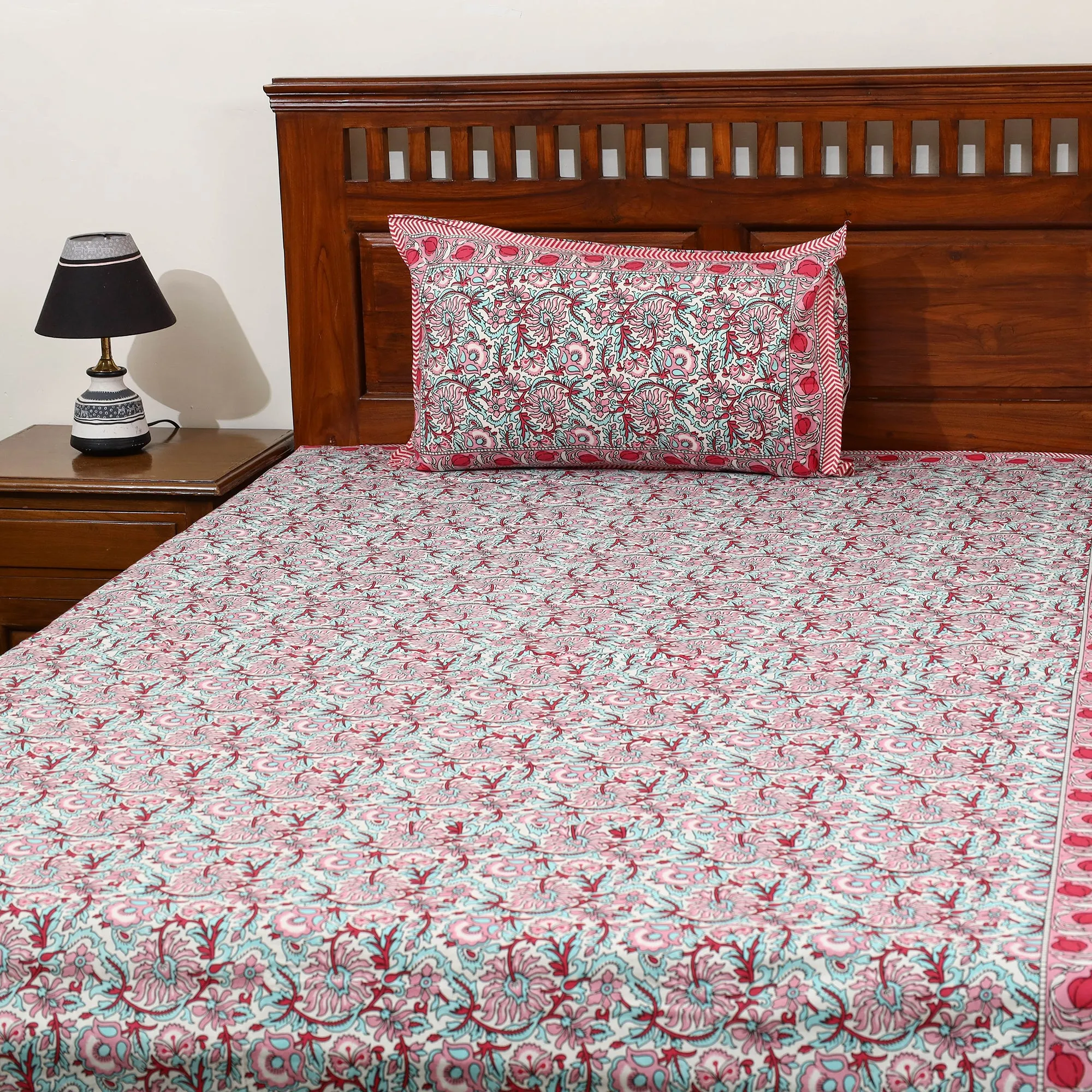 Pink - Pure Cotton Sanganeri Print Single Bed Cover with Pillow Cover 36