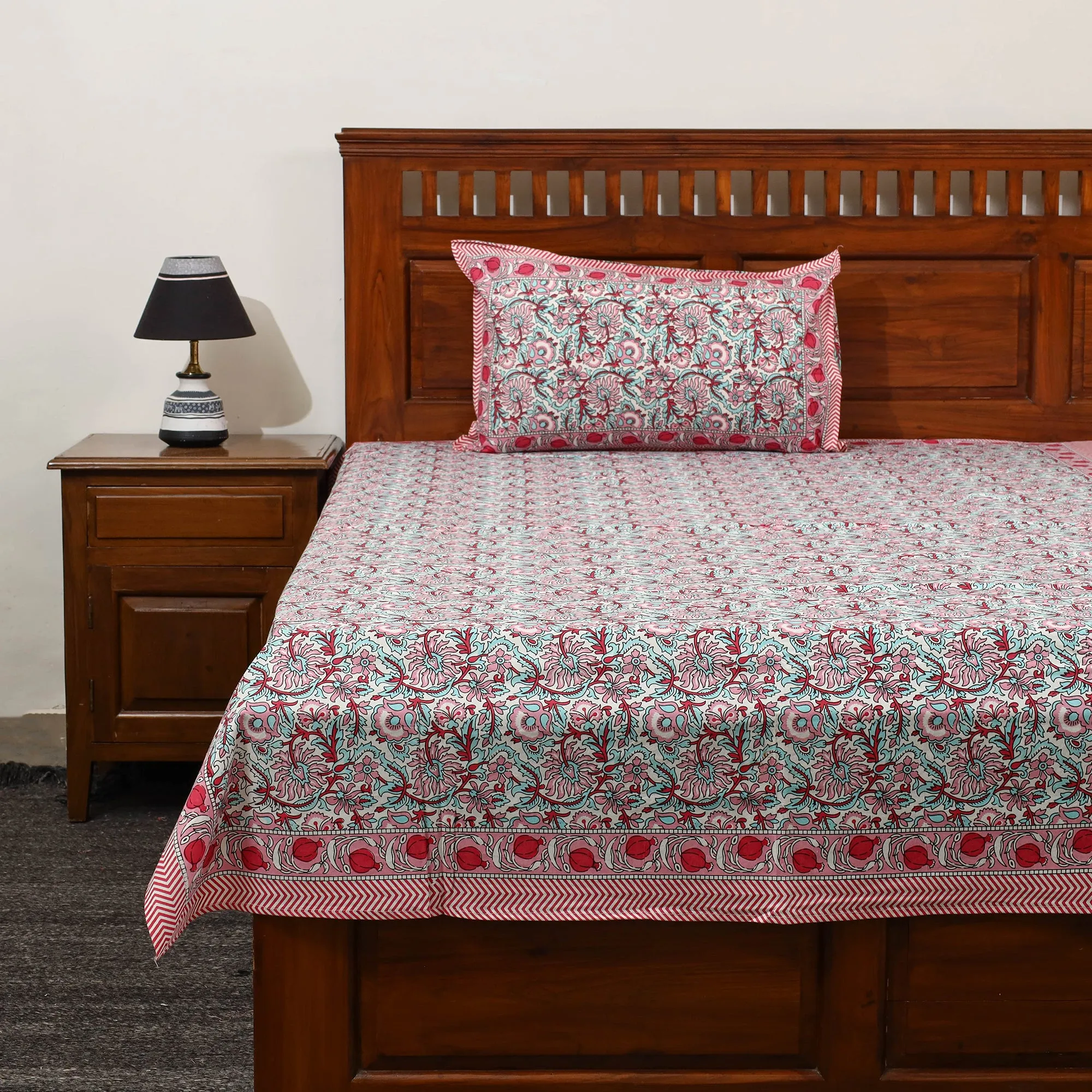 Pink - Pure Cotton Sanganeri Print Single Bed Cover with Pillow Cover 36