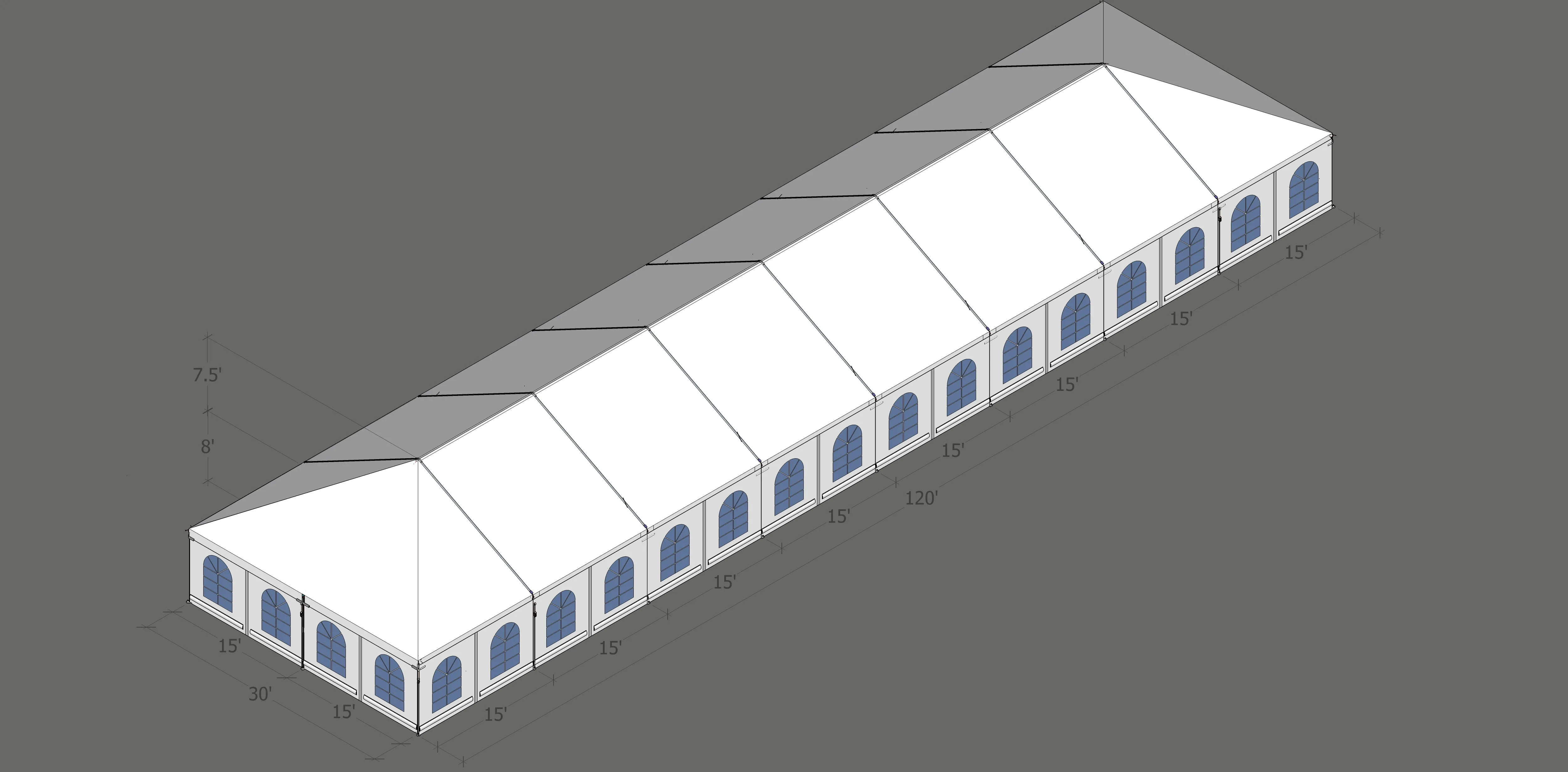 Turbotrack Tent, 30' x 120' French Window Walls